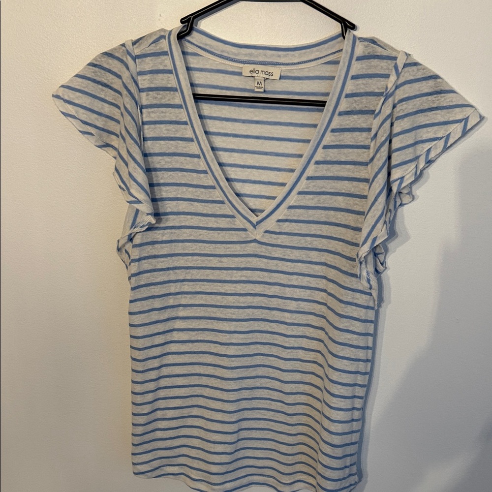 Ella Moss Blue and White Striped Ruffle Sleeve Top